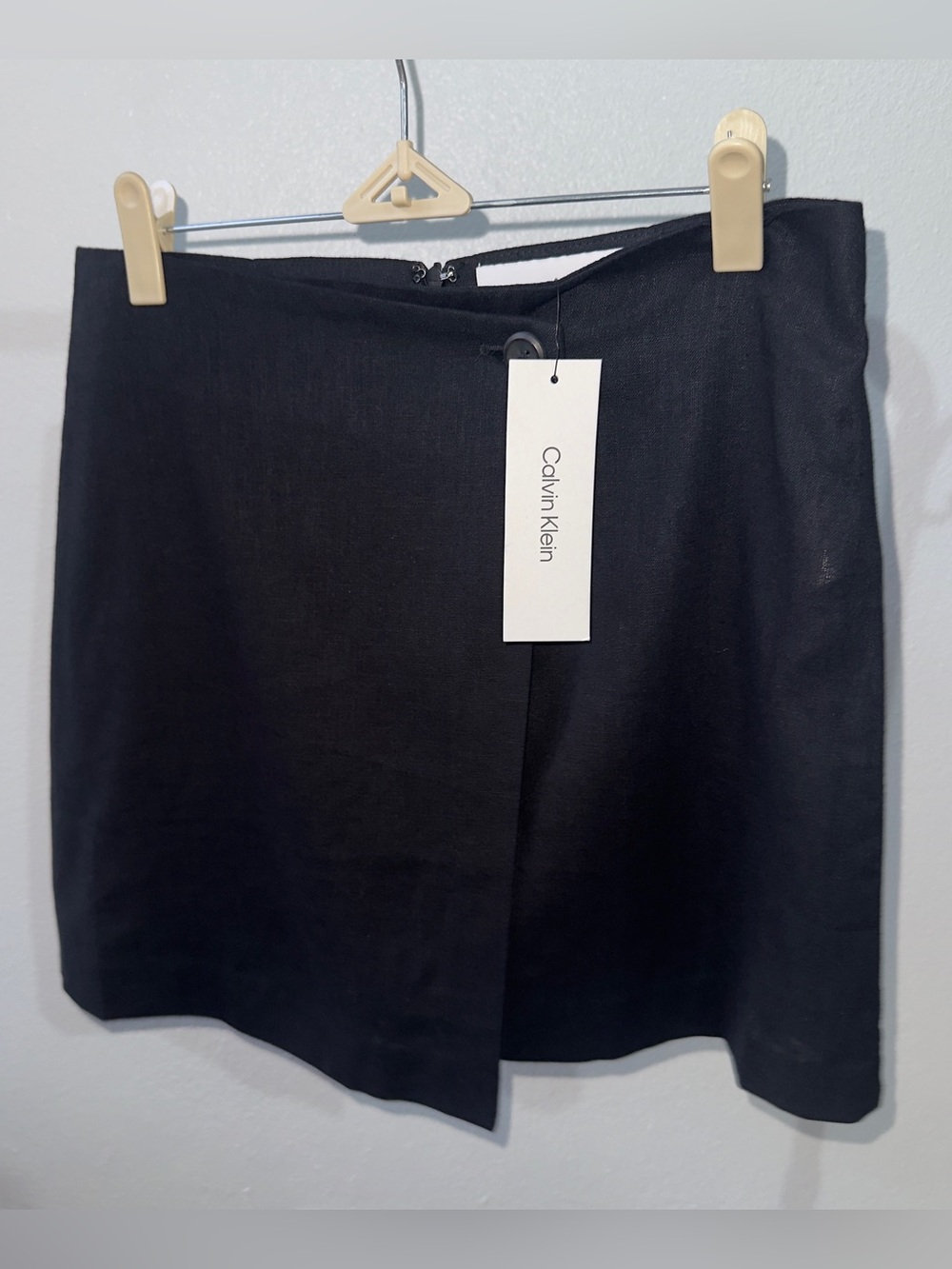 Calvin Klein Black Linen Blend Asymmetric Wrap Mini Skirt - Size 6 NWT 🔖